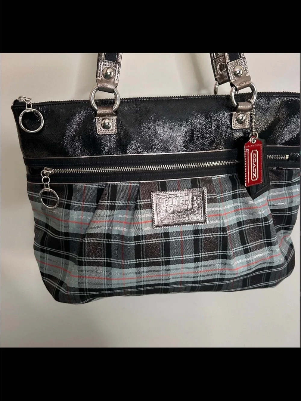 Coach Black Plaid Shoulder Bag with Silver Accents and Red Hangtag